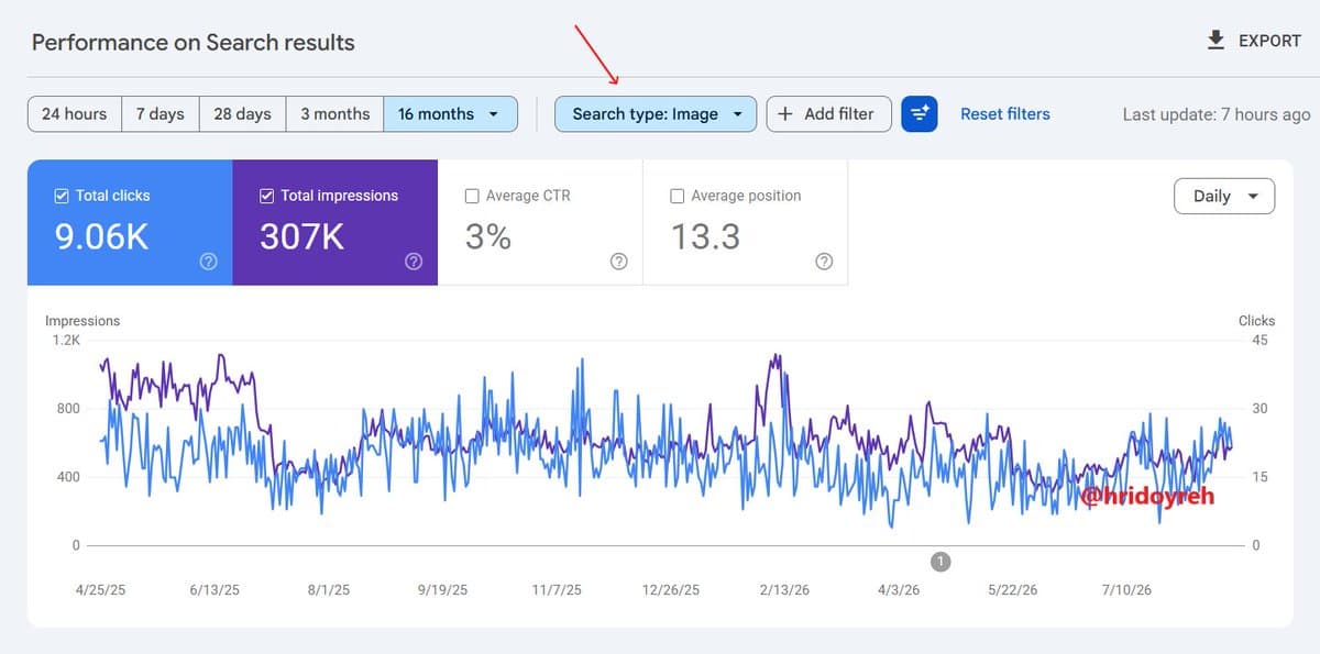Google Search Console screenshot shared as proof of the image-search traffic claim.